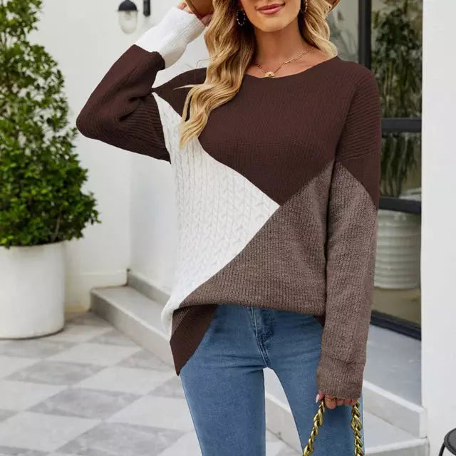 Street-Wave Patchwork Knit Sweater For Women With Creative Pattern And Cozy Warmth