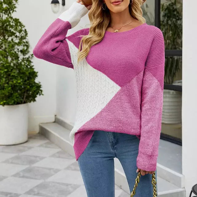 Street-Wave Patchwork Knit Sweater For Women With Creative Pattern And Cozy Warmth