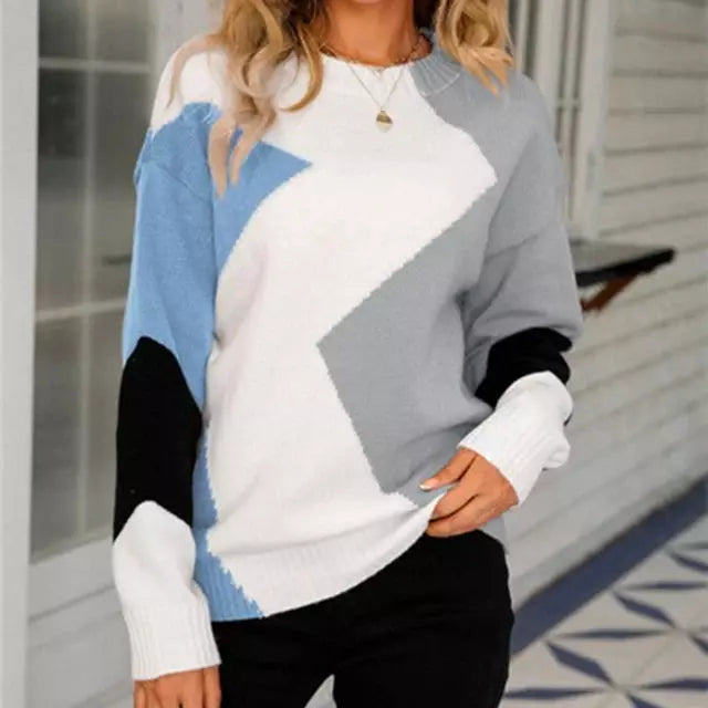 Street-wave Colorblock Patchwork Pullover for Women Cotton-Poly Knit with Ribbed Hem