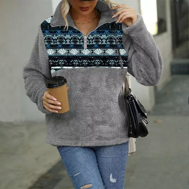 Street-wave Geometric Print Pullover For Women With Cotton Cashmere Cozy Knit Stand Collar And Zip Detail