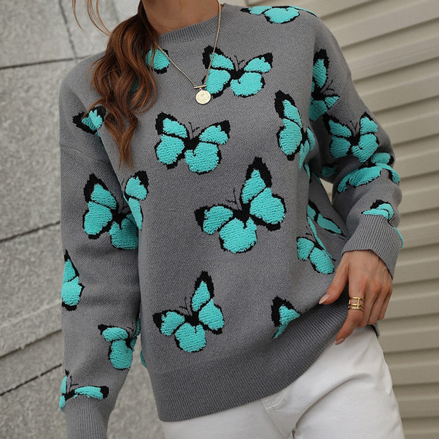 Street-wave Long-Sleeve Cotton Acrylic Butterfly Knit Sweater for Women, Classic Crewneck, Cozy Everyday Wear