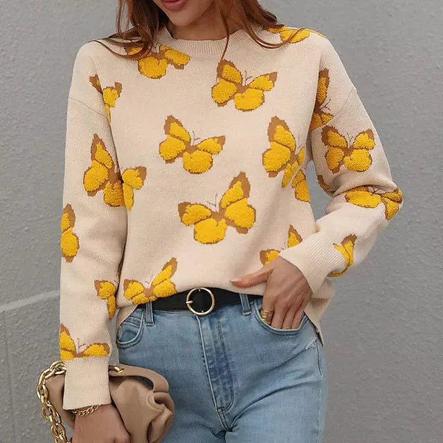 Street-wave Long-Sleeve Cotton Acrylic Butterfly Knit Sweater for Women, Classic Crewneck, Cozy Everyday Wear