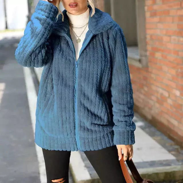 Street Wave Plush Coat For Women Cotton Cashmere Blend Cozy Zipper Front All Season Warmth
