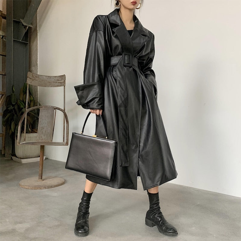 Streetwave Belted Faux Leather Coat With Satin Shine Wide Lapel For Chic Women Everywhere
