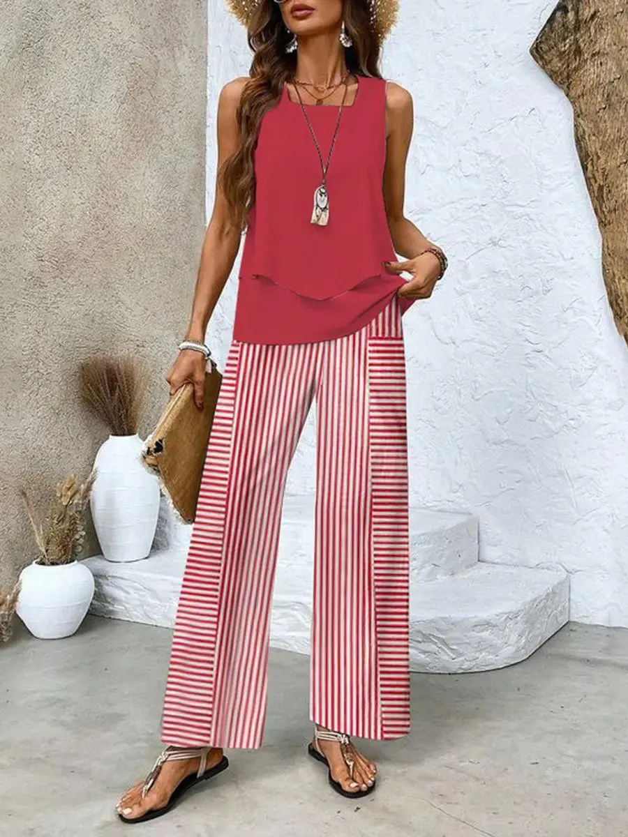 Street-Wave Plus Size Layered Top Wide-Leg Set For Women