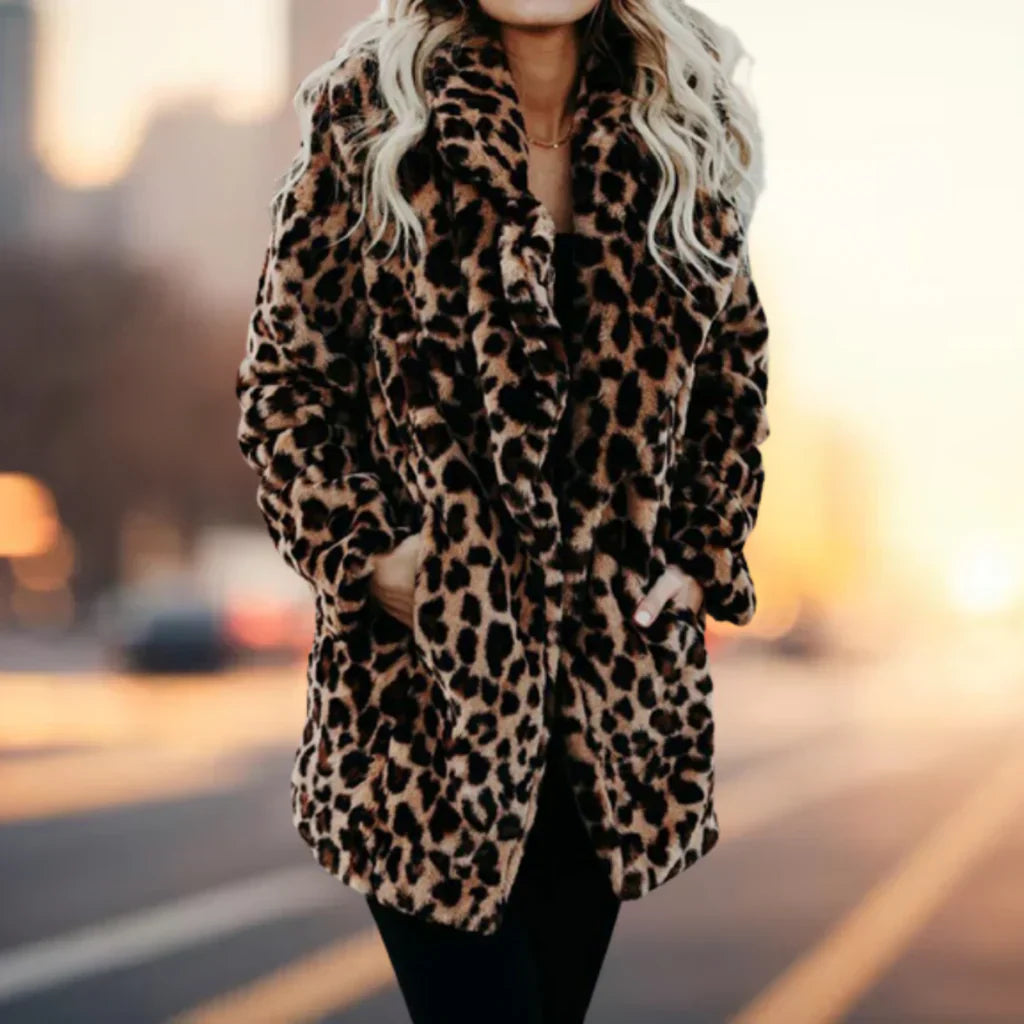 Streetwave Leopard Print Plush Fur Jacket Ultra Cozy Winter Coat For Women Luxurious Everyday Style