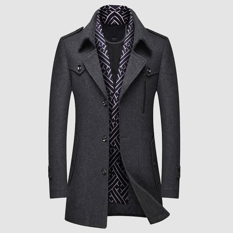 Legacy Wool Coat by Roberto Russo for Men with Warmth, Durable Wool Blend, Detachable Collar