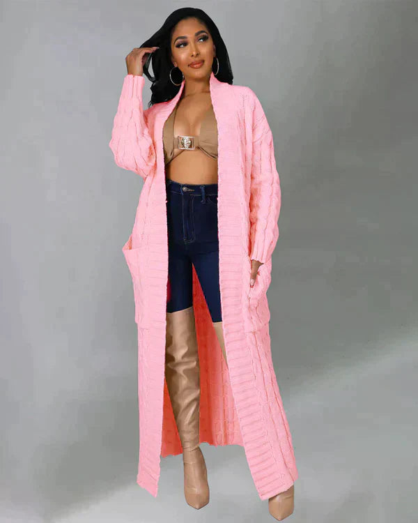 Street-Wave Cable Knit Cardigan Long Cozy With V Neck For Women Soft Cotton Blend