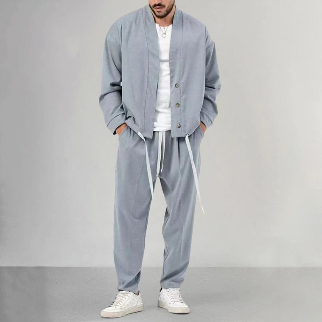 Street-wave Men's Olive Green Suit Set with Relaxed Jacket and Drawstring Pants