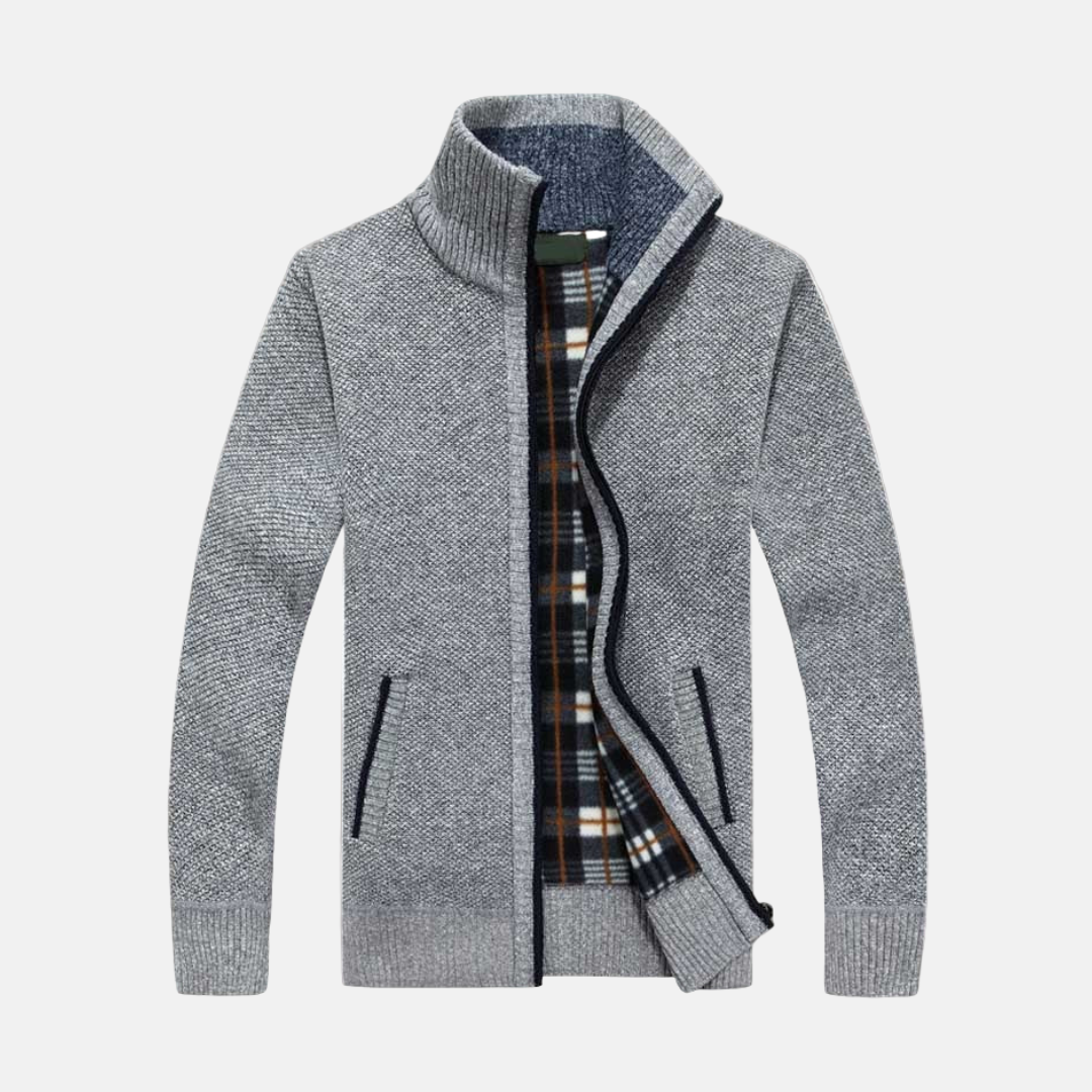 Mens Knit Texture Jacket With Fleece Lining Ribbed Collar Cuffs Hem For Versatile Layering And Classic Style