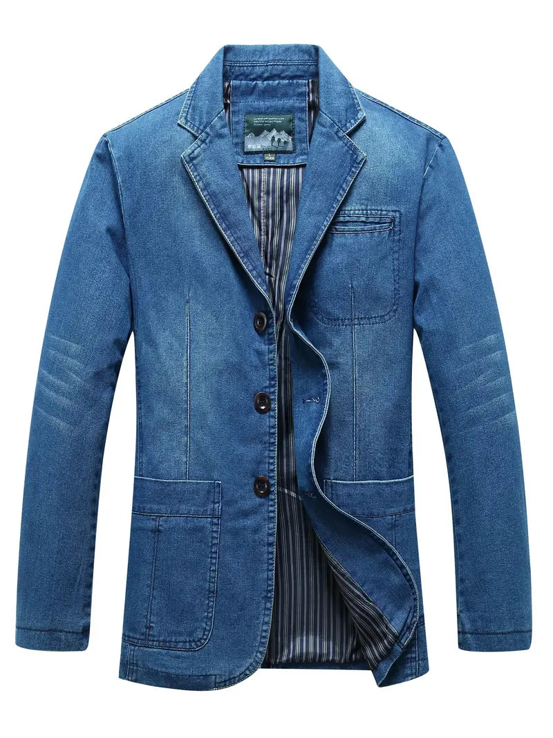 Men's Denim Blazer Street-Wave Single-Breasted Jacket With Pockets For Men Premium Office To Casual