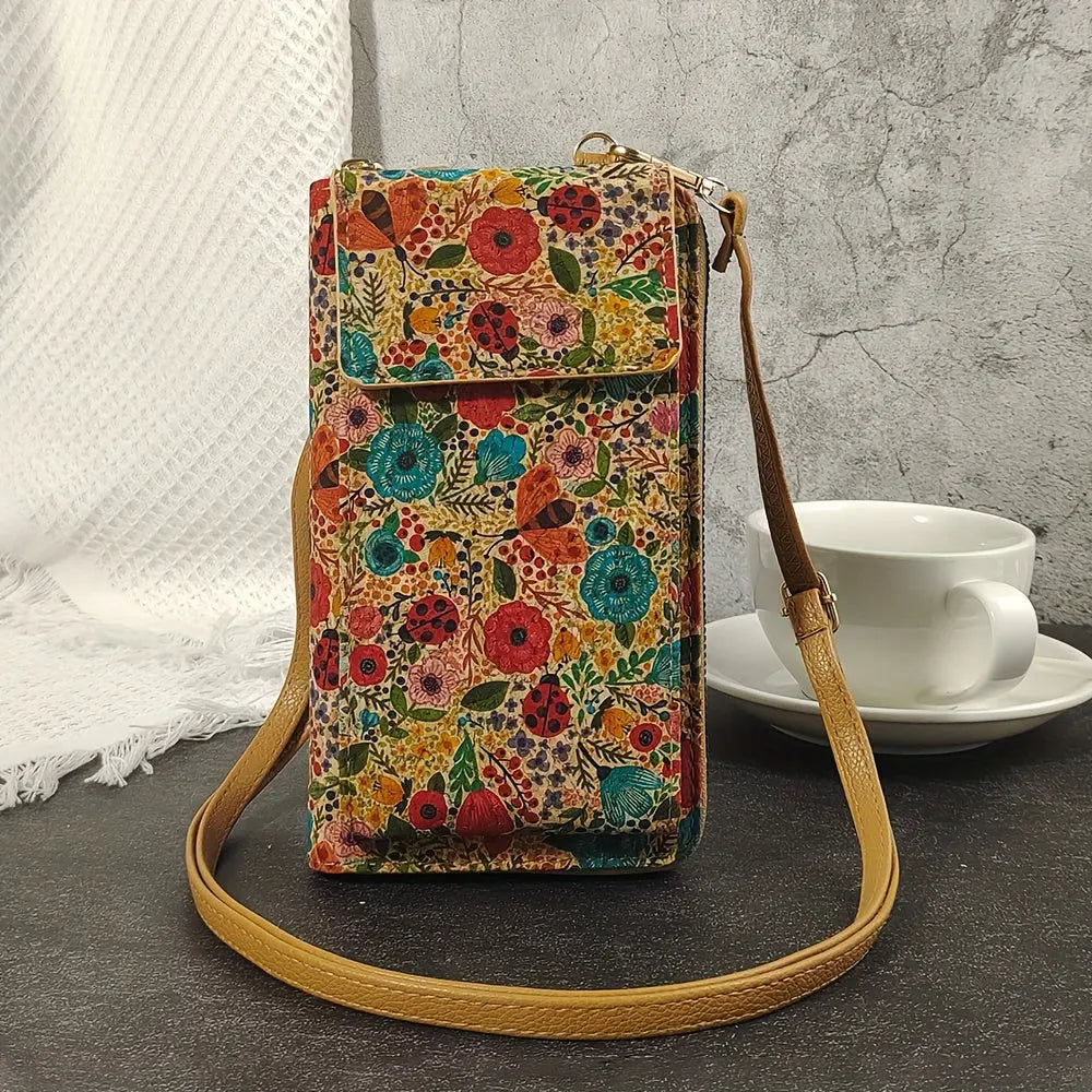 Street Wave Paula Floral Cork Phone Pouch Everyday Crossbody Adjustable Strap