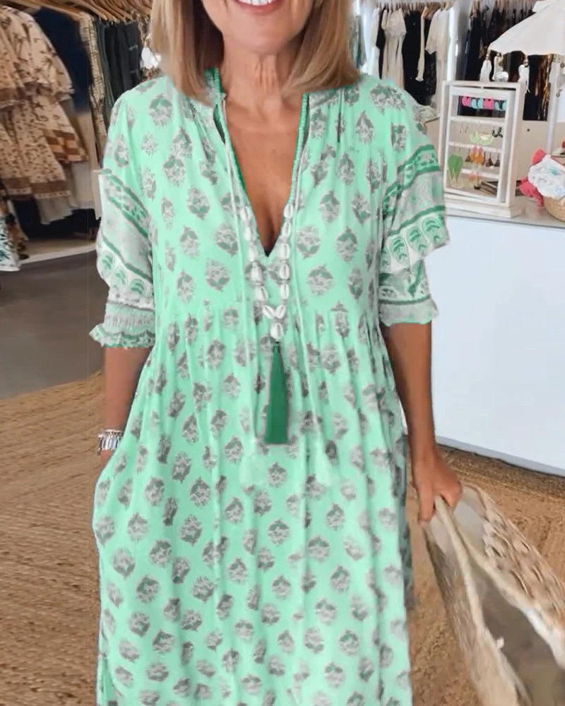Street-Wave Womens Midi Summer Floral Dress V Neck - Flowy Breathable Silhouette For Warm Weather Comfort