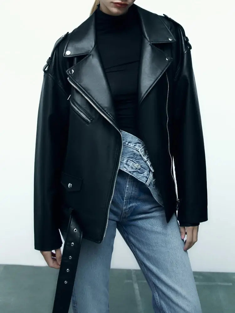 Street-wave Womens Leather Biker Jacket Oversized Fit Versatile Transitional Outerwear