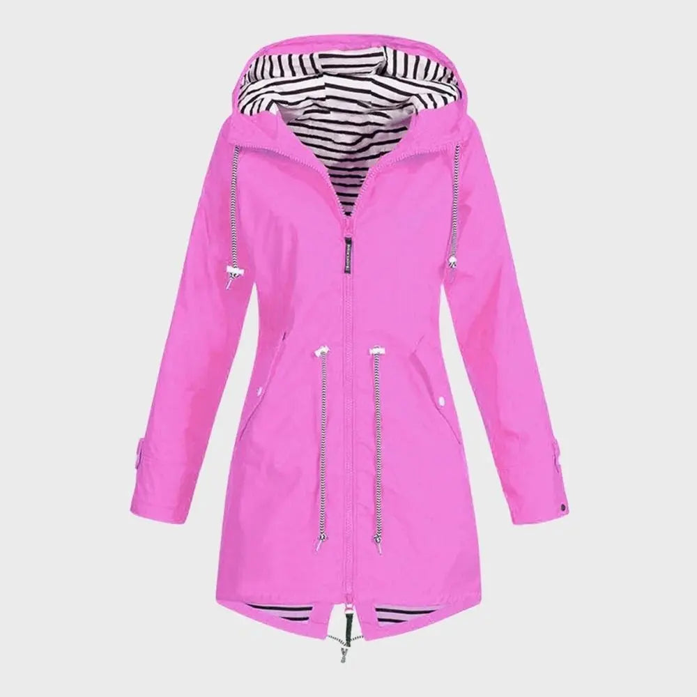Long Waterproof Rain Jacket For Women Street Wave Hooded Stylish