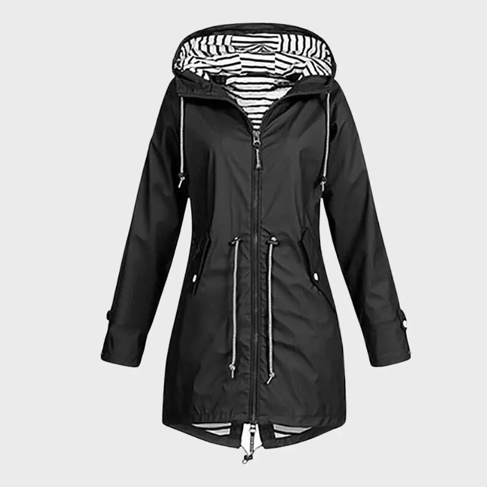 Long Waterproof Rain Jacket For Women Street Wave Hooded Stylish