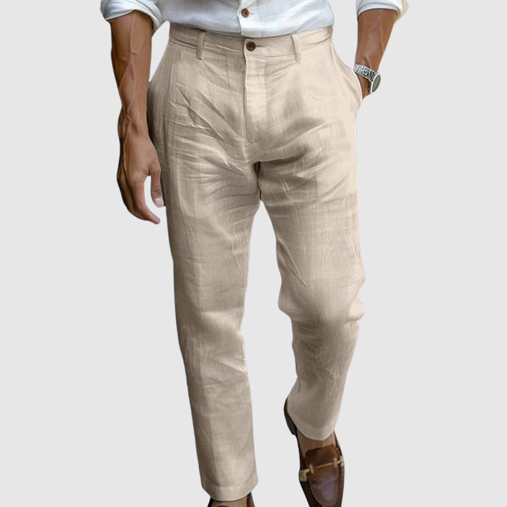 Mens Linen Trousers Classic Fit Straight Leg Flat Front Lightweight Breathable Navy
