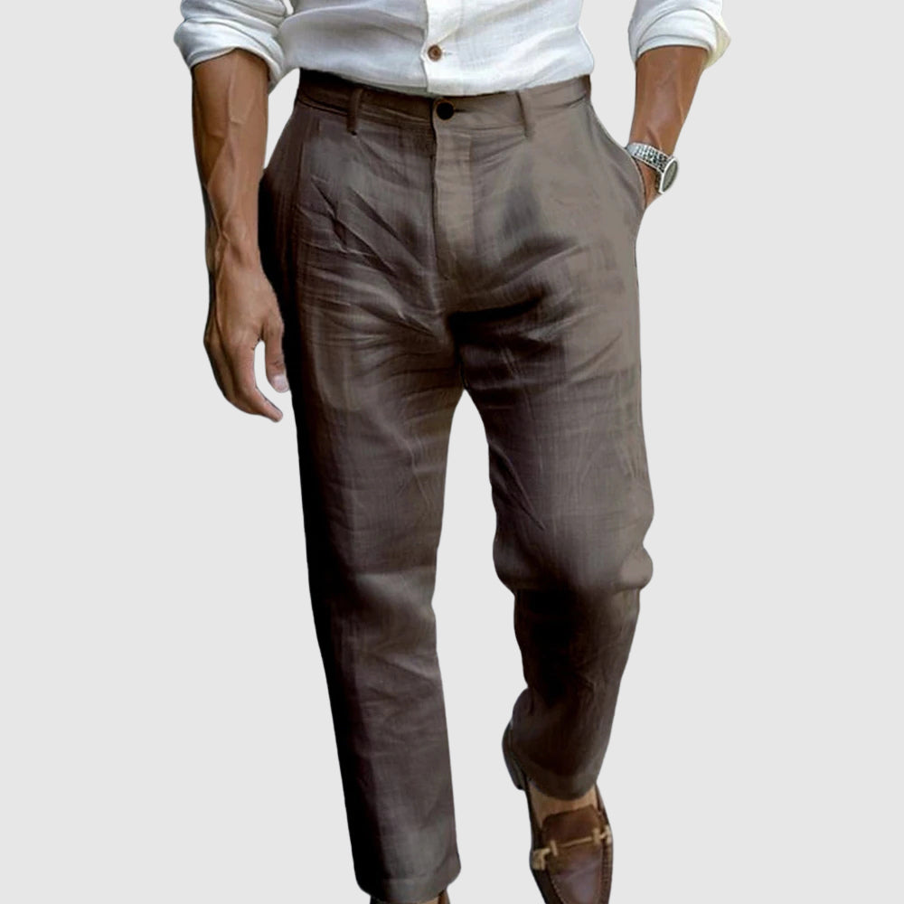 Mens Linen Trousers Classic Fit Straight Leg Flat Front Lightweight Breathable Navy