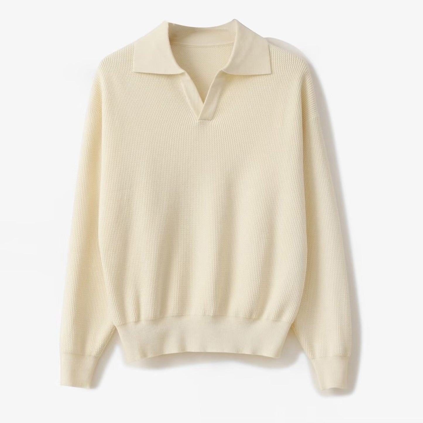 Men's Polo Pullover Wool Knit Relaxed Fit Long Sleeve With Ribbed Cuffs For Everyday Style