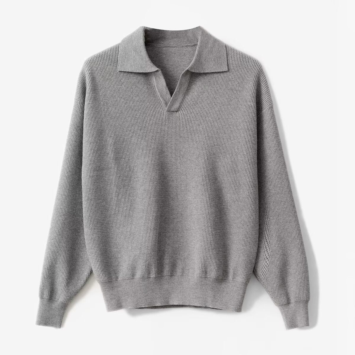 Men's Polo Pullover Wool Knit Relaxed Fit Long Sleeve With Ribbed Cuffs For Everyday Style