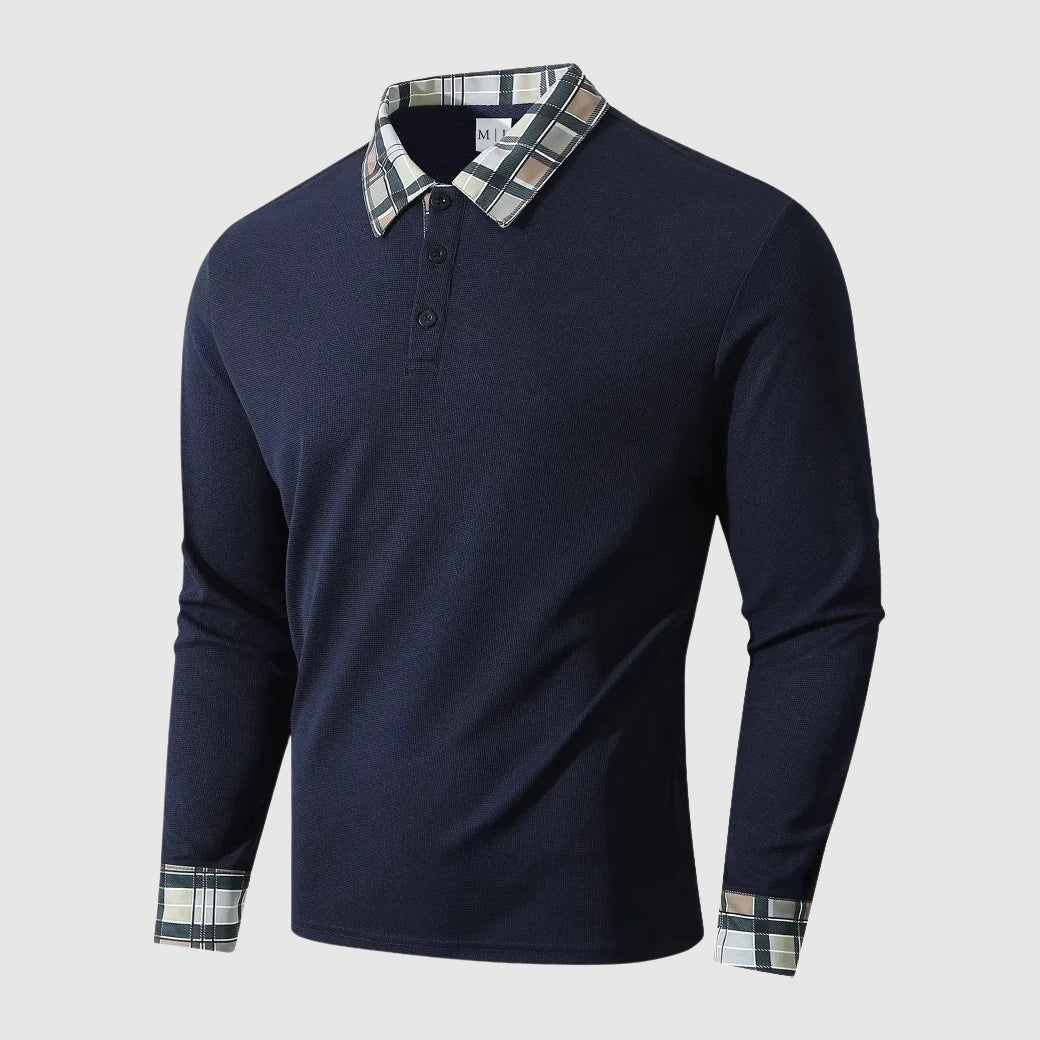 StreetWave Mens Long Sleeve Polo Shirt Ribbed Knit Comfort Premium Plaid Collar