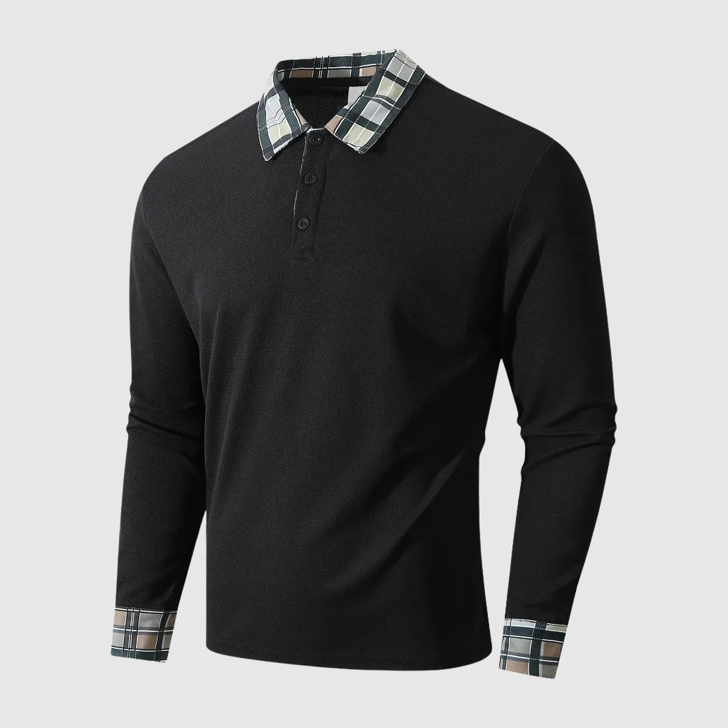 StreetWave Mens Long Sleeve Polo Shirt Ribbed Knit Comfort Premium Plaid Collar