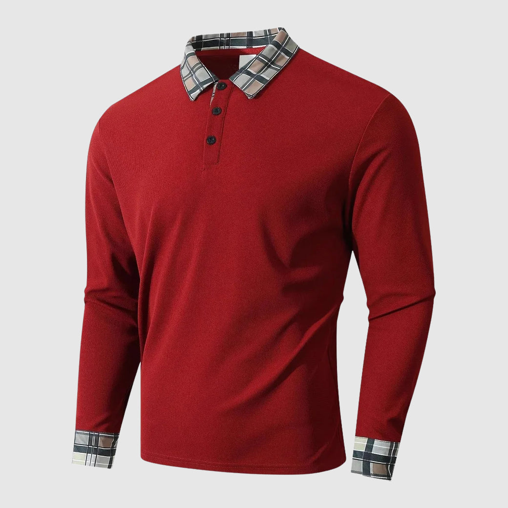 StreetWave Mens Long Sleeve Polo Shirt Ribbed Knit Comfort Premium Plaid Collar