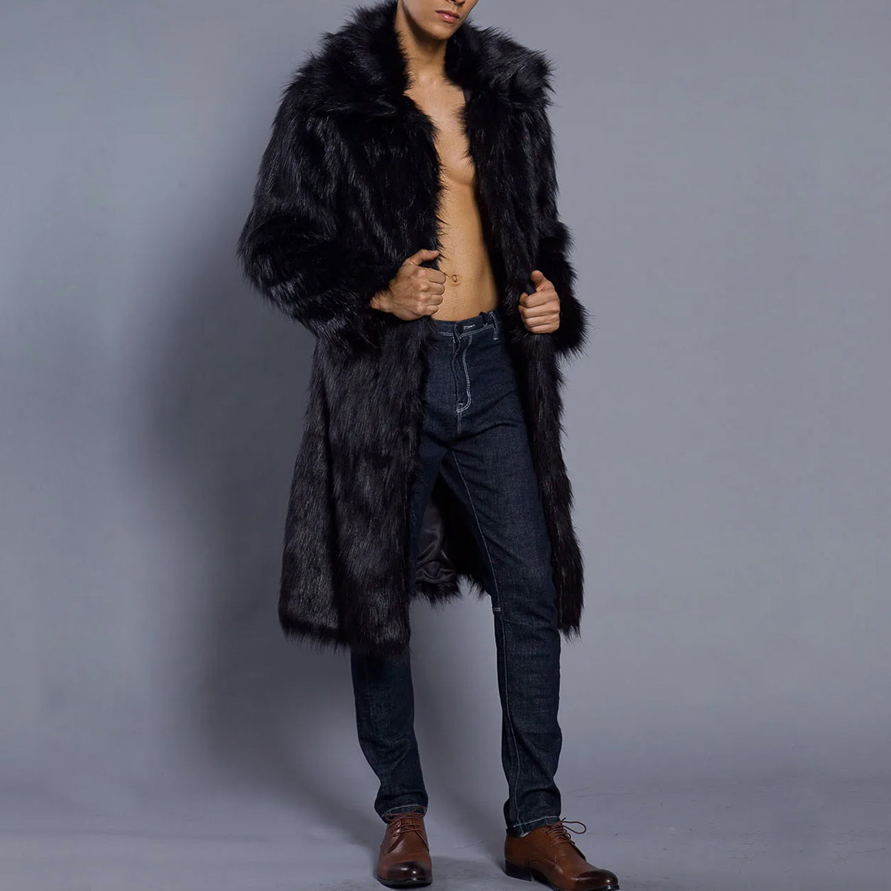 Mens Faux Fur Coat Street Wave Oversized Full Length With Voluminous Collar