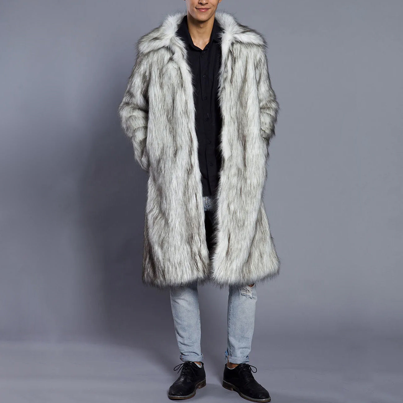 Mens Faux Fur Coat Street Wave Oversized Full Length With Voluminous Collar