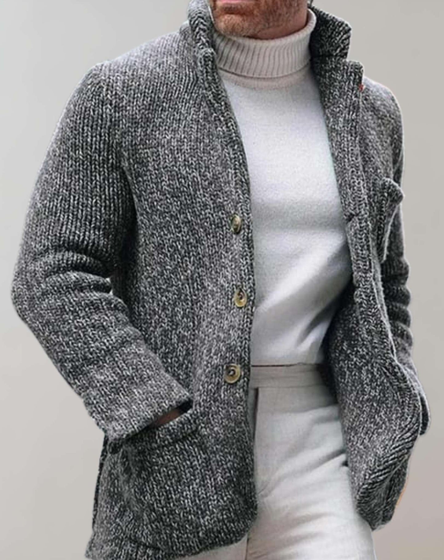 Street Wave Mens Cardigan Relaxed Fit Chunky Wool Standing Collar Warm Essential