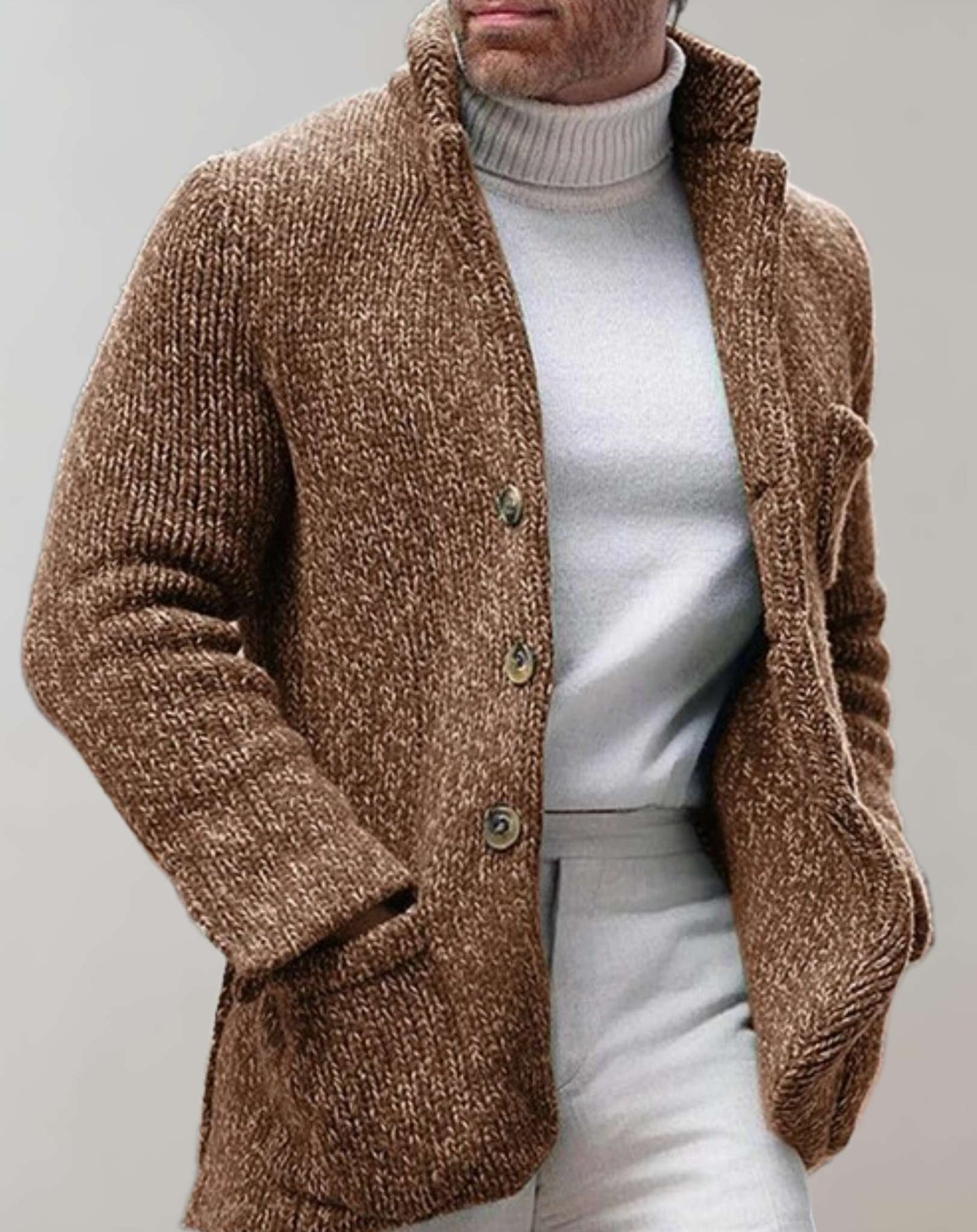 Street Wave Mens Cardigan Relaxed Fit Chunky Wool Standing Collar Warm Essential