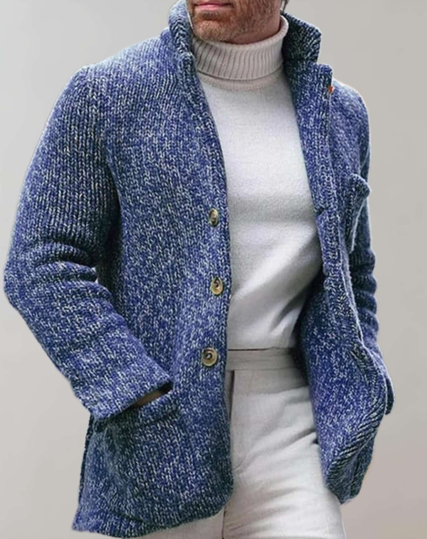 Street Wave Mens Cardigan Relaxed Fit Chunky Wool Standing Collar Warm Essential