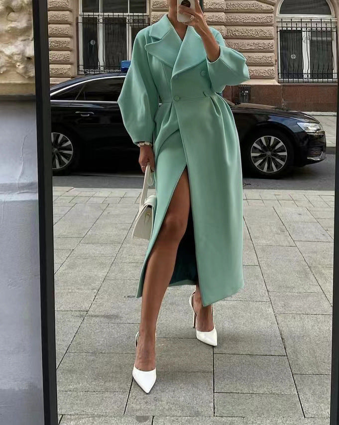 Streetwave Long Wool Coat For Women With Wide Lapels And Elegant Waist Defining Silhouette