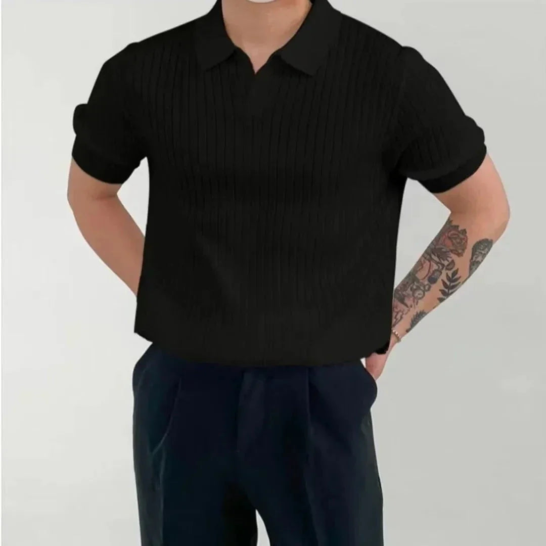 Waylynn Lucien Ribbed Knit Polo for Men Breathable Open Collar