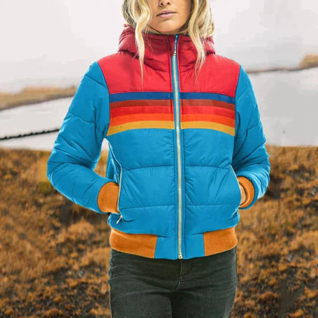 Street-wave Colorful Hooded Puffer Jacket For Women Cozy Warmth And Bold Stripes