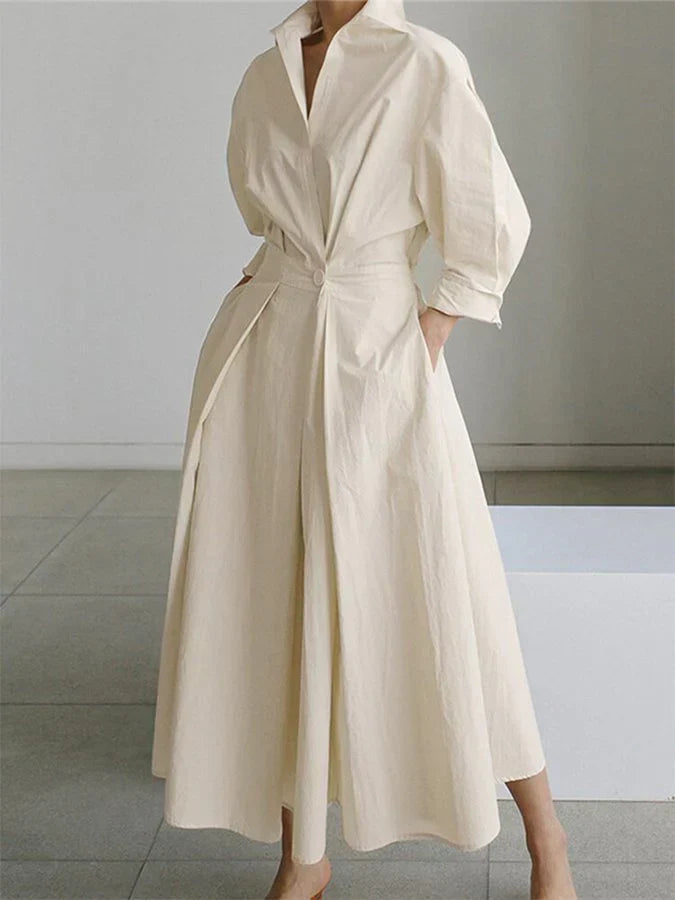 Street-Wave Elegant Maxi Dress With Classic Collar And Flattering Waist Pleats For Stylish Women