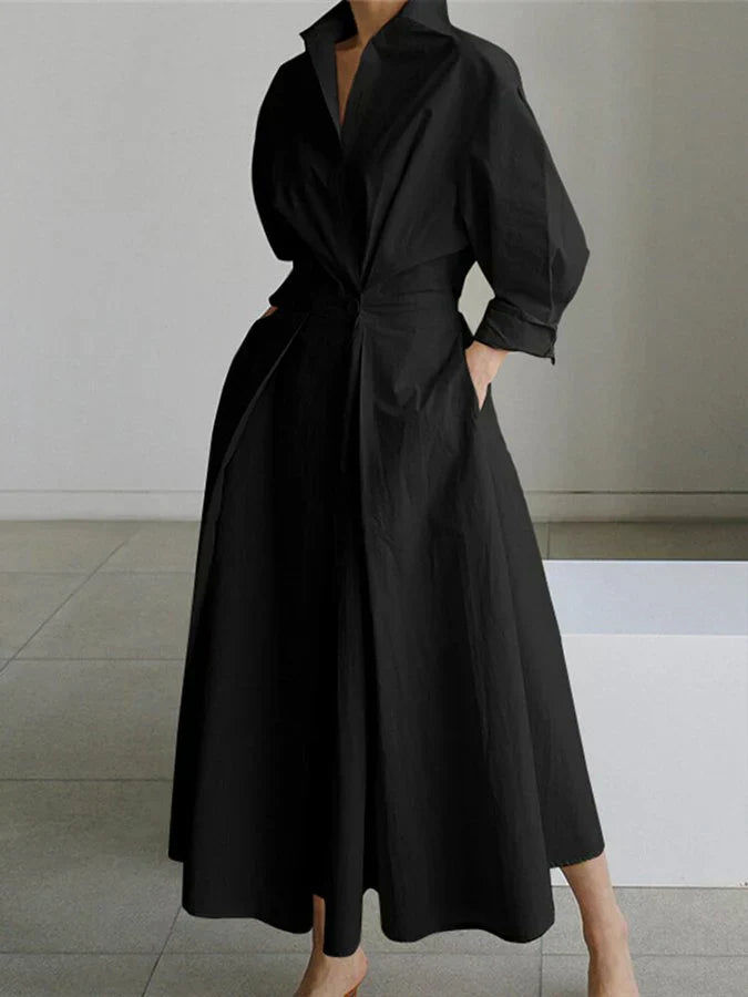 Street-Wave Elegant Maxi Dress With Classic Collar And Flattering Waist Pleats For Stylish Women