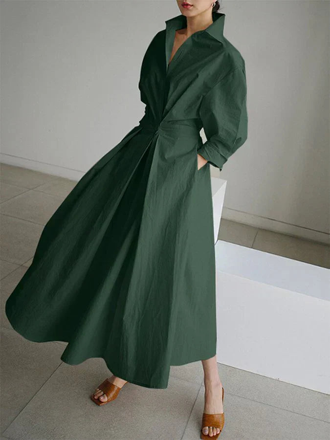 Street-Wave Elegant Maxi Dress With Classic Collar And Flattering Waist Pleats For Stylish Women