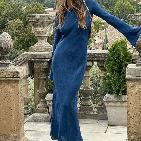 Street Wave Maxi Dress in Deep Blue With Flared Sleeves for Women Elegant Figure Flattering Gown