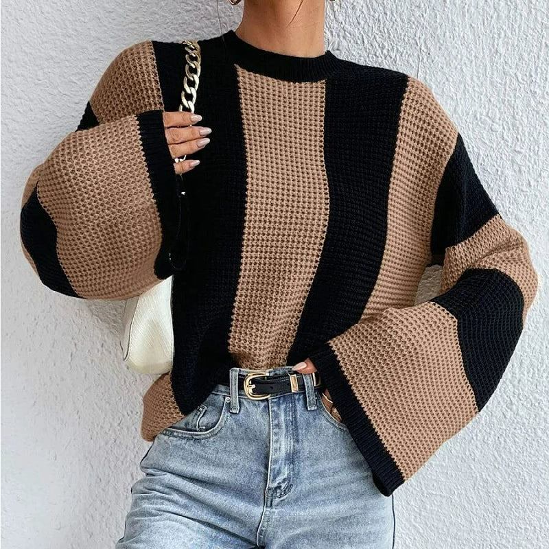 Street-wave Striped Wide Sleeve Knit Sweater For Women Cozy Chunky Knit With Relaxed Oversized Fit