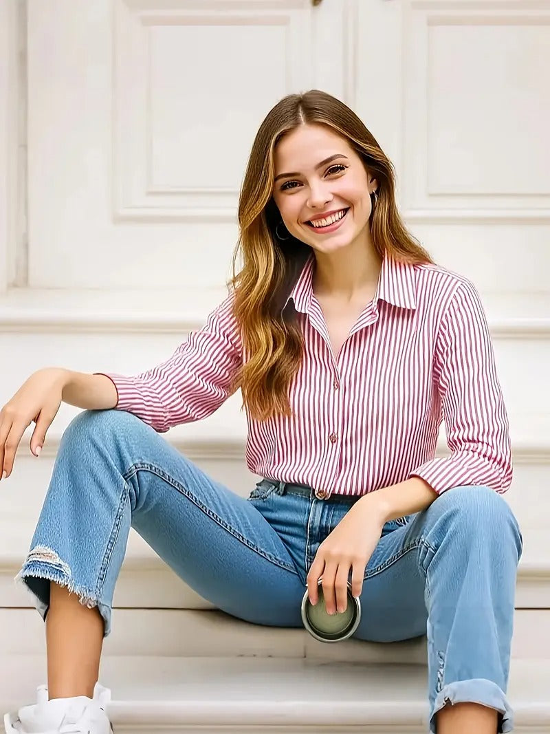 Striped Blouse Street-wave Lightweight, Relaxed Fit For Women, Effortless Office Ready