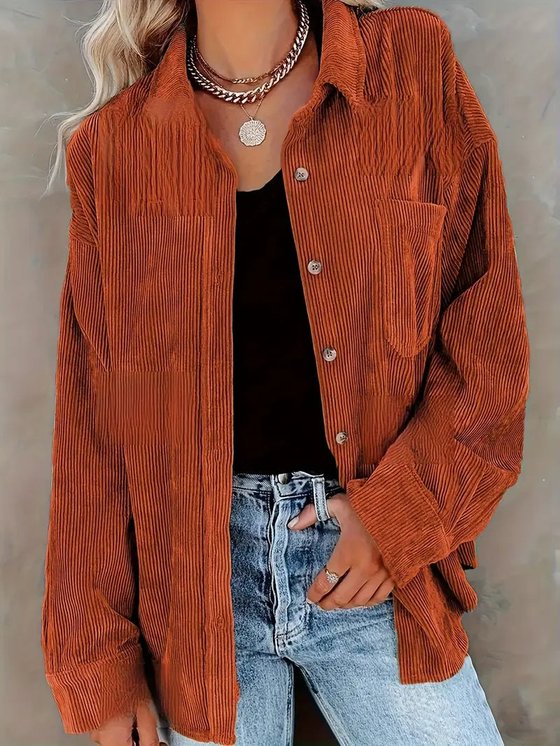 Streetwave Corduroy Oversized Button Front Blouse For Women Luxurious Bordeaux Warmth And Casual Style