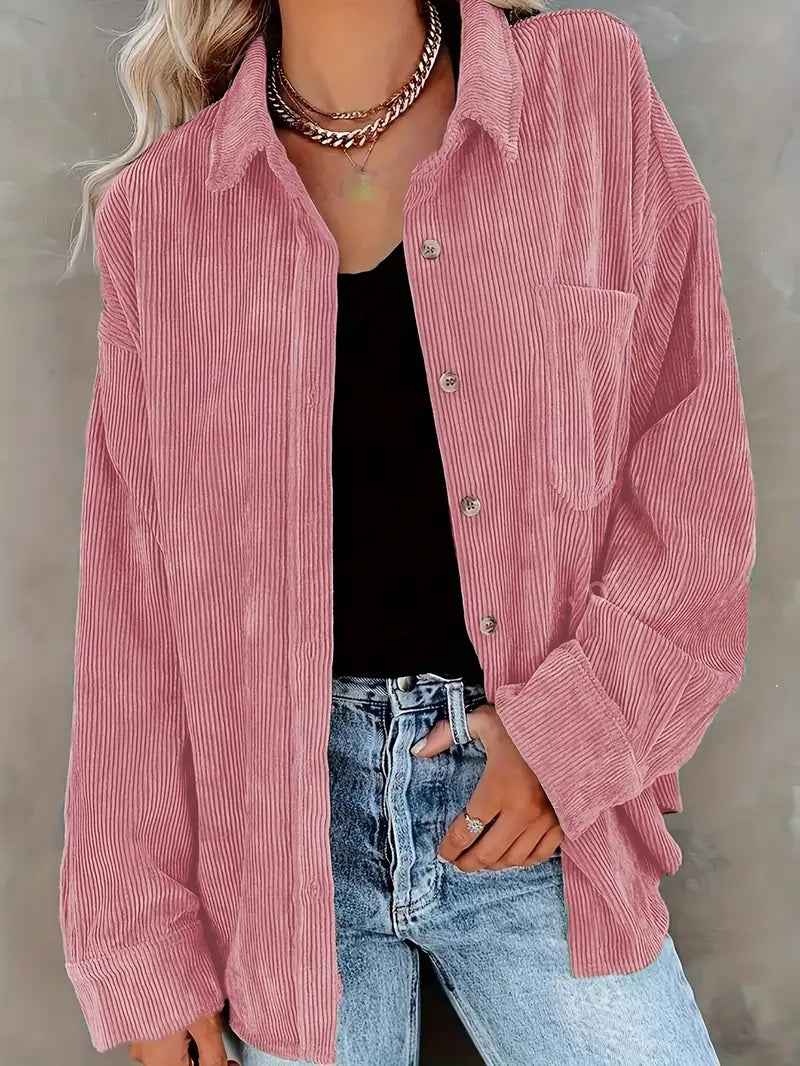 Streetwave Corduroy Oversized Button Front Blouse For Women Luxurious Bordeaux Warmth And Casual Style