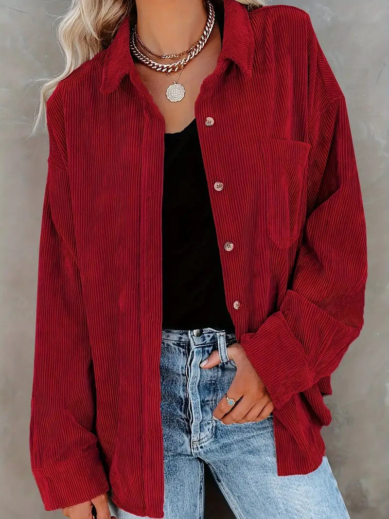 Streetwave Corduroy Oversized Button Front Blouse For Women Luxurious Bordeaux Warmth And Casual Style
