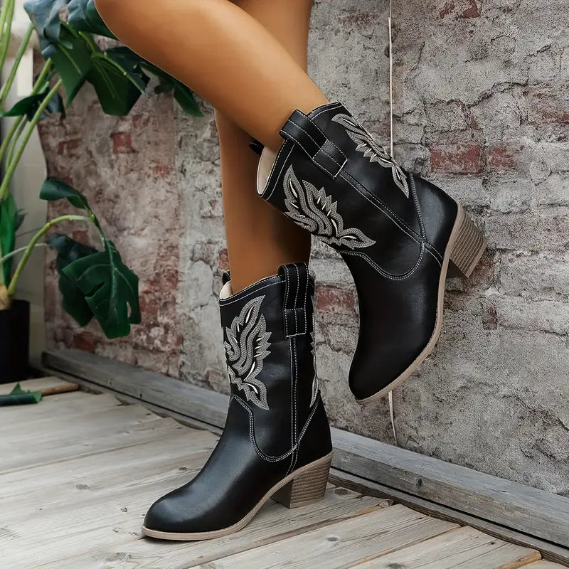 Street Wave Women Cowboy Ankle Boots With Heel Western Style Elegant Silhouette Durable Heel