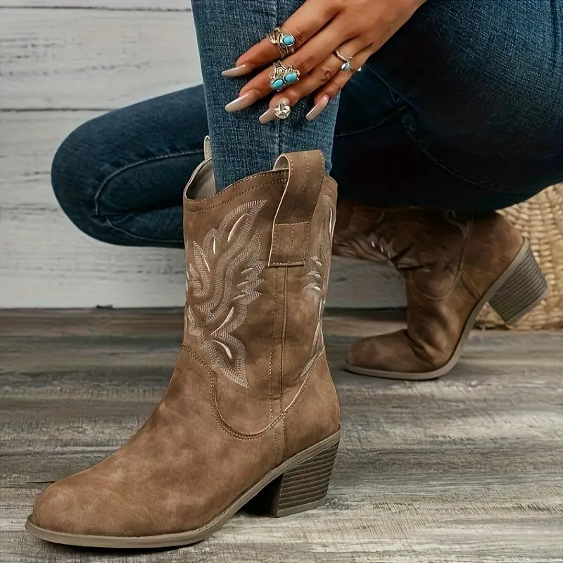 Street Wave Women Cowboy Ankle Boots With Heel Western Style Elegant Silhouette Durable Heel