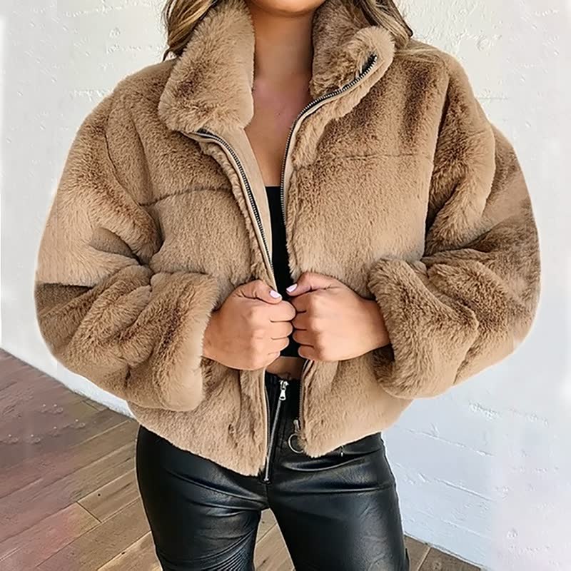 Street Wave Womens Teddy Jacket Plush Faux Fur With Zip Front Stand Collar Cozy Warmth