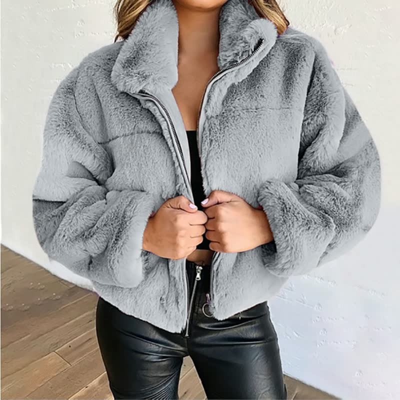 Street Wave Womens Teddy Jacket Plush Faux Fur With Zip Front Stand Collar Cozy Warmth