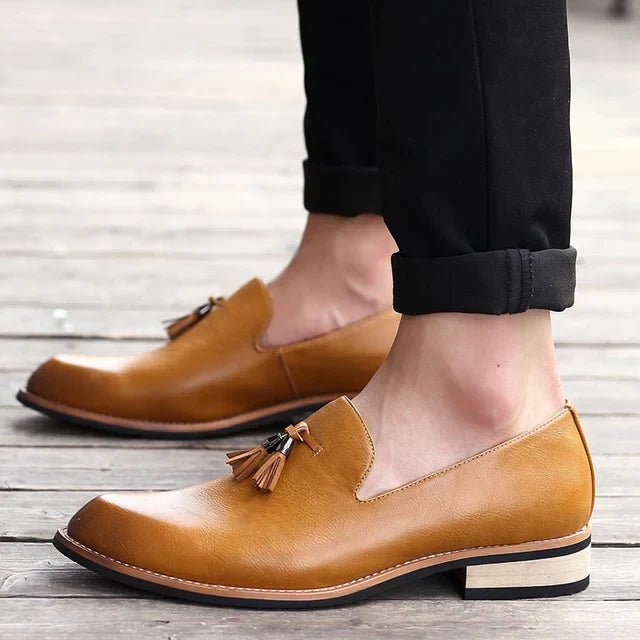 RoyalFoot Mens British Style Leather Loafers With Tassels Premium Dress Shoes For Formal Events