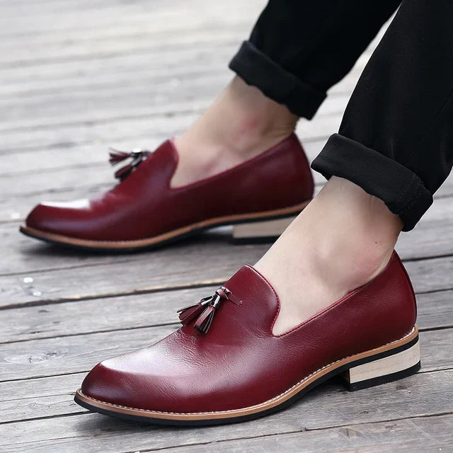 RoyalFoot Mens British Style Leather Loafers With Tassels Premium Dress Shoes For Formal Events